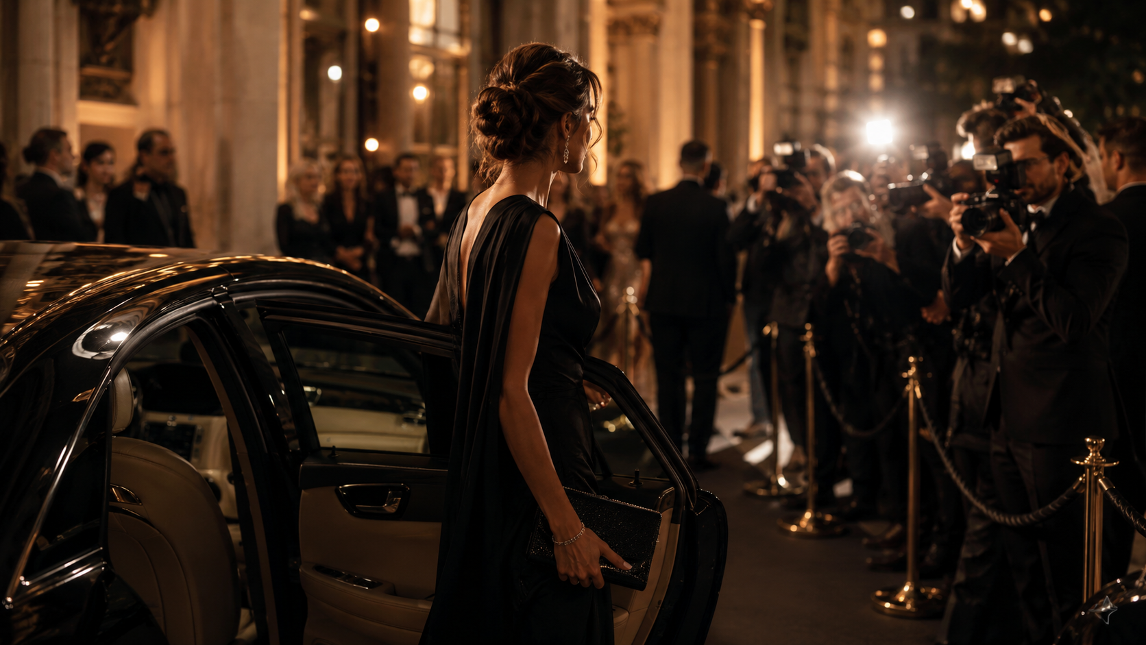 Celebrity arrival at a refined luxury event with discreet photographers and a polished crowd, illustrating transcreation for fashion and luxury brand launches.